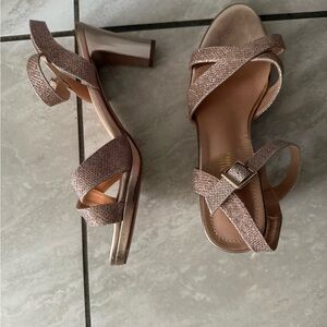 Metallic Rose Block Heel Sandals with Cross Straps